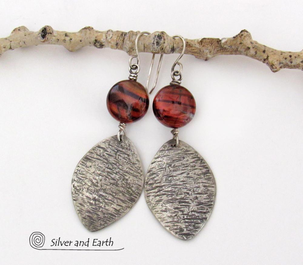 Textured Sterling Silver Earrings with Red Tiger's Eye Stones - Earthy Natural Gemstone Jewelry