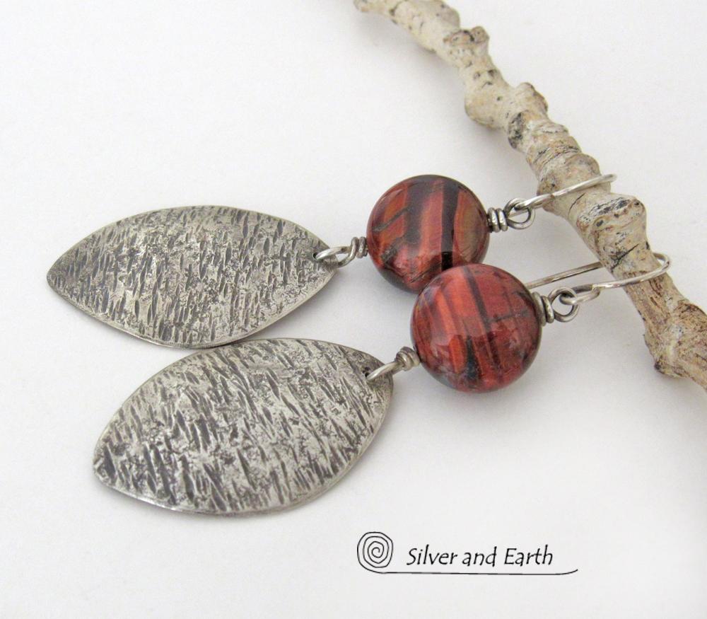 Textured Sterling Silver Earrings with Red Tiger's Eye Stones - Earthy Natural Gemstone Jewelry