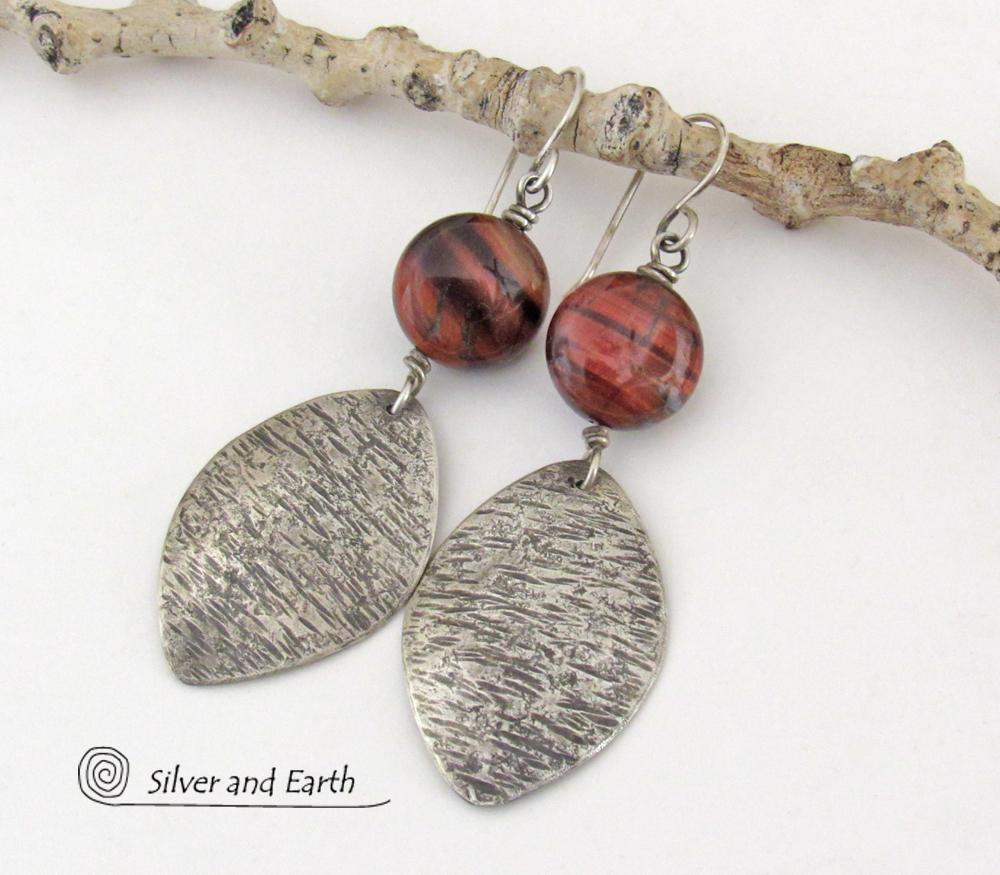 Textured Sterling Silver Earrings with Red Tiger's Eye Stones - Earthy Natural Gemstone Jewelry