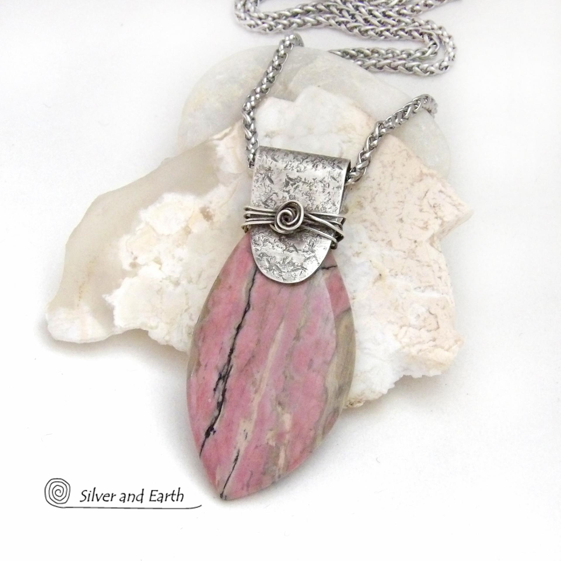 Large Pink Rhodonite Sterling Silver Necklace - Unique One of a Kind Natural Gemstone Jewelry