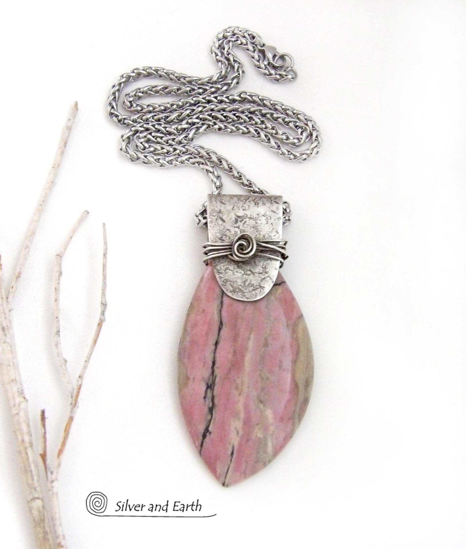Large Pink Rhodonite Sterling Silver Necklace - Unique One of a Kind Natural Gemstone Jewelry