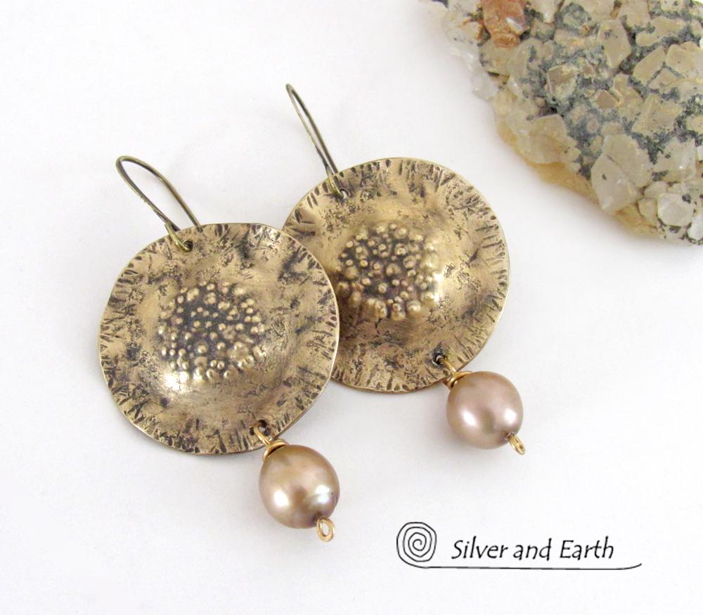 Round Gold Brass Dangle Earrings with Gold Pearls - Artisan Handmade Modern Chic Jewelry 