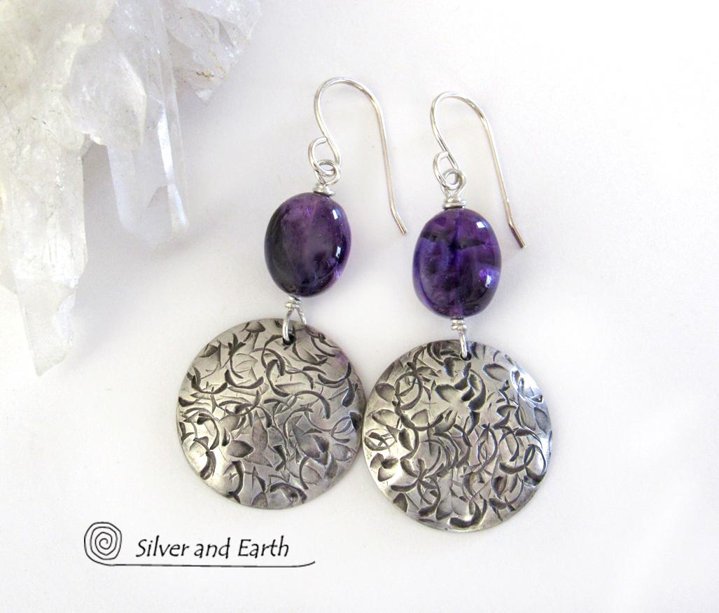 Sterling Silver Dangle Earrings with Purple Amethyst Gemstones