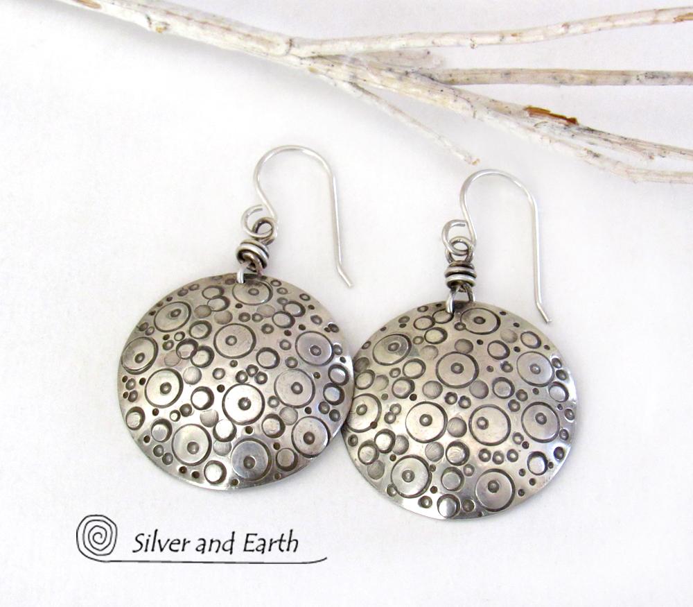 Round Sterling Silver Earrings with Hand Stamped Circle Design - Unique Handmade Artisan Jewelry