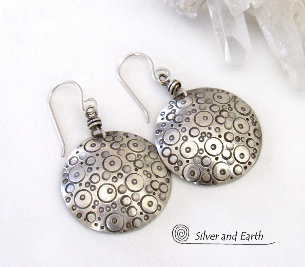 Round Sterling Silver Earrings with Hand Stamped Circle Design - Unique Handmade Artisan Jewelry
