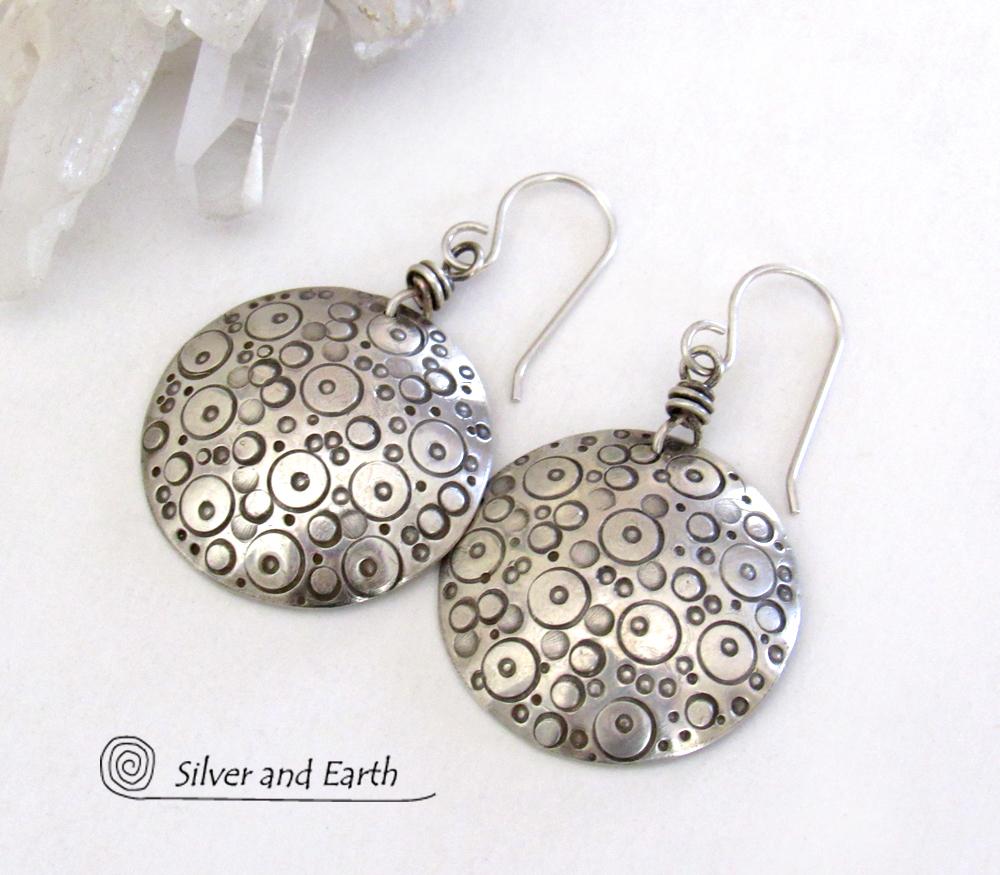 Round Sterling Silver Earrings with Hand Stamped Circle Design - Unique Handmade Artisan Jewelry