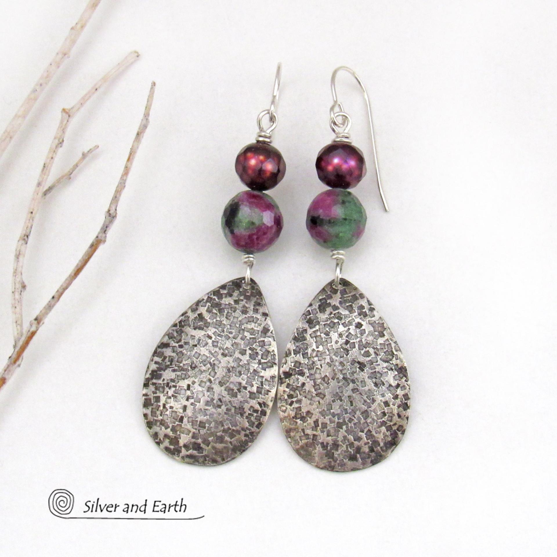 Sterling Silver Teardrop Earrings with Faceted Ruby Zoisite Gemstones and Purple Freshwater Pearls