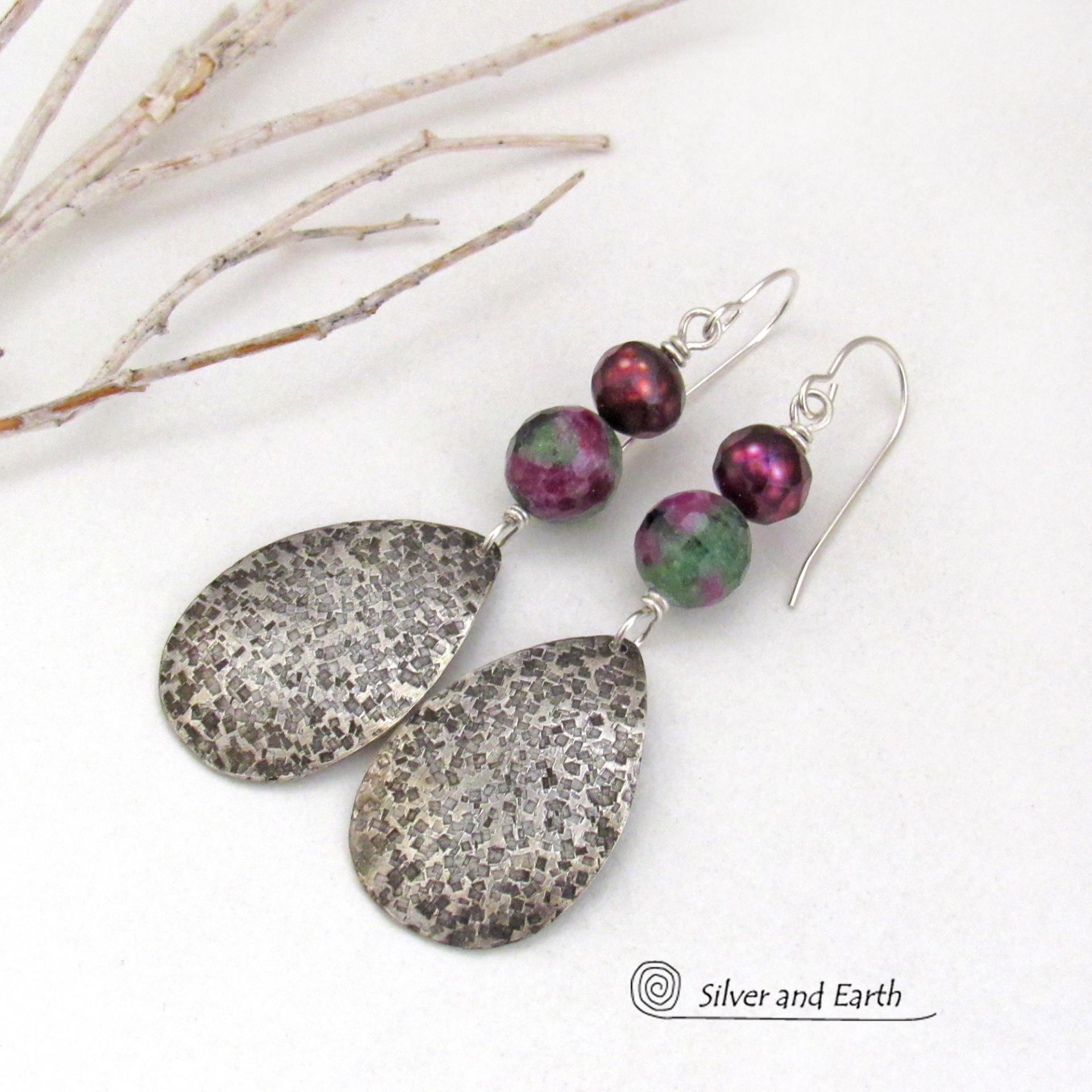 Sterling Silver Teardrop Earrings with Faceted Ruby Zoisite Gemstones and Purple Freshwater Pearls