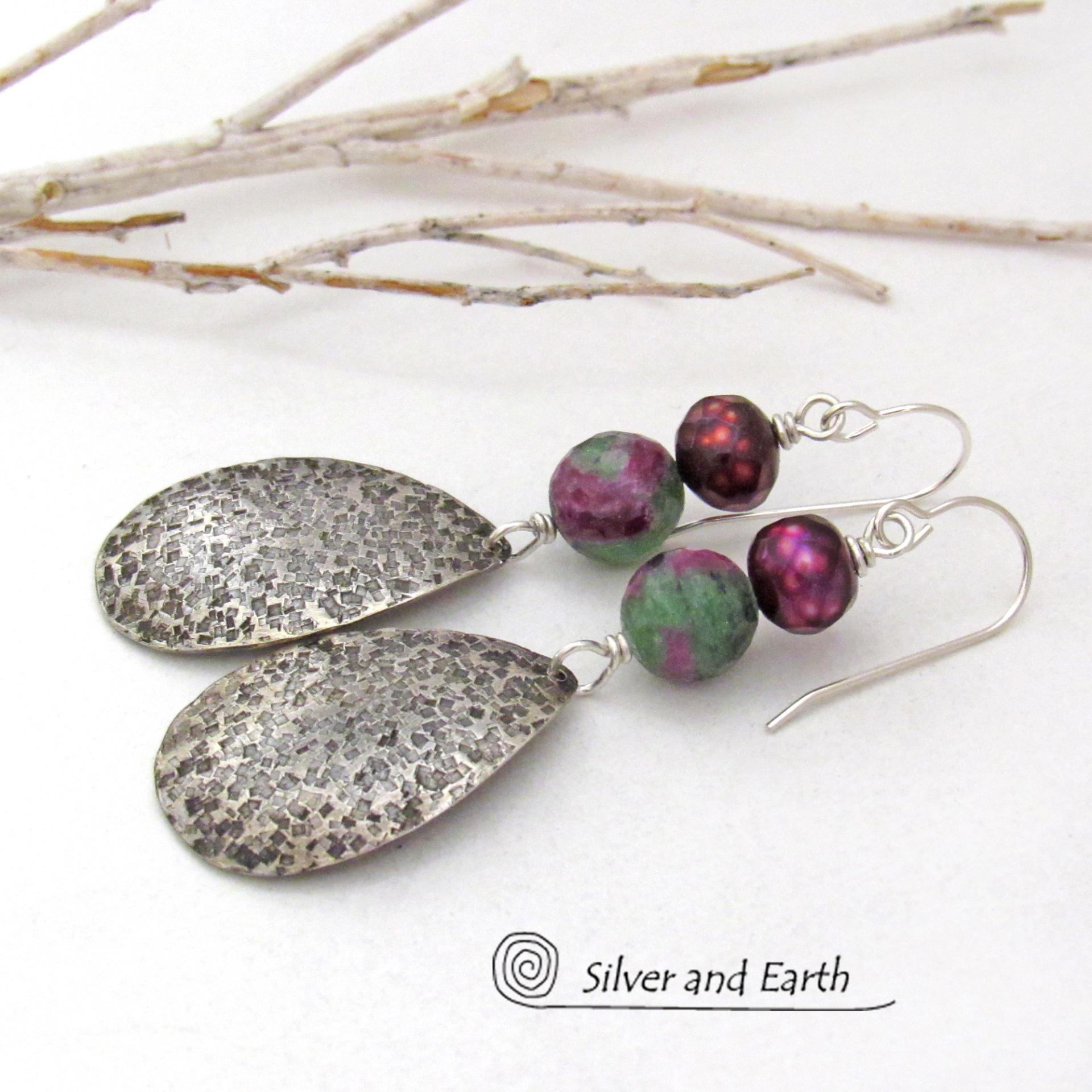 Sterling Silver Teardrop Earrings with Faceted Ruby Zoisite Gemstones and Purple Freshwater Pearls