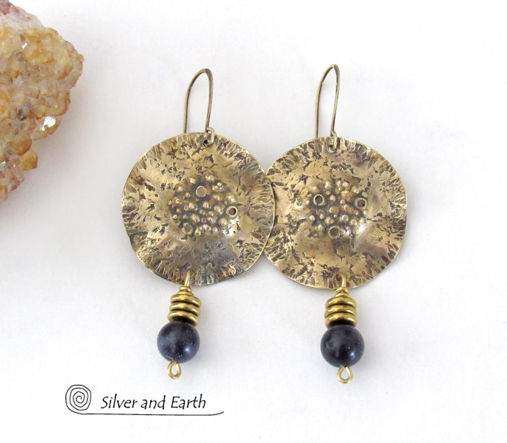 Hammered Gold Brass Earrings with Blue Goldstone Dangles - Earthy Modern Chic Artisan Handmade Jewelry