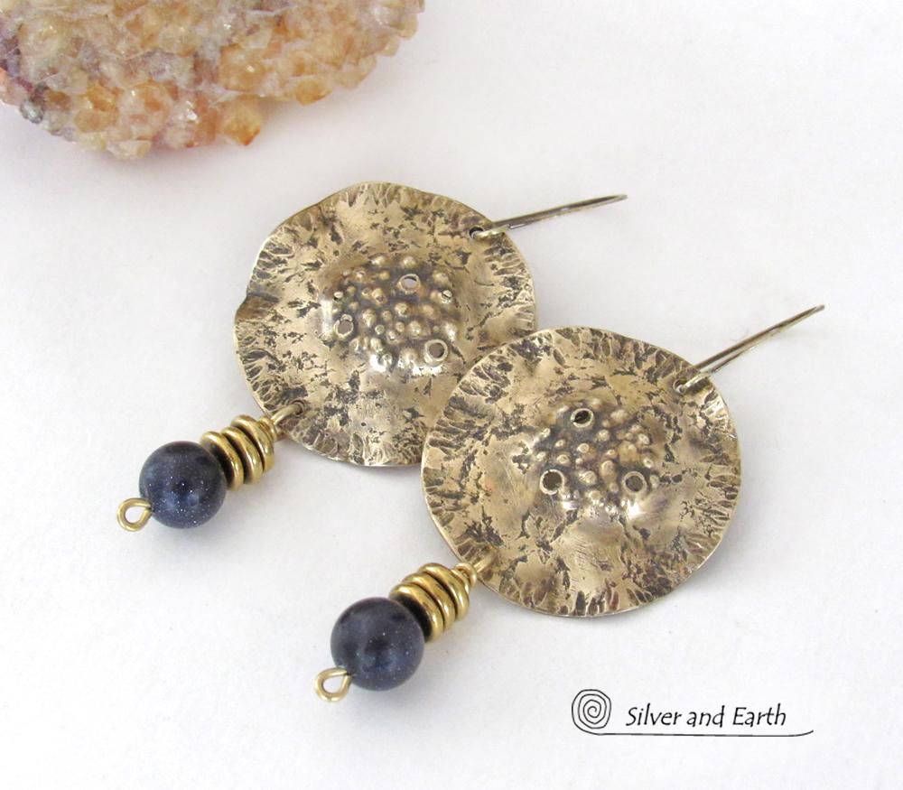 Hammered Gold Brass Earrings with Blue Goldstone Dangles - Earthy Modern Chic Artisan Handmade Jewelry