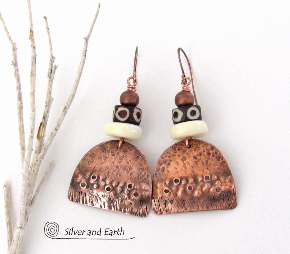 Rustic Hammered Copper Earrings with African Beads - Ethnic Tribal Style Jewelry
