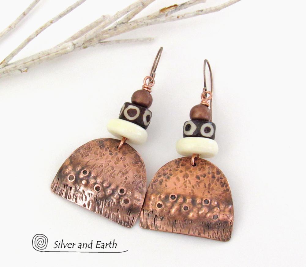 Rustic Hammered Copper Earrings with African Beads - Ethnic Tribal Style Jewelry