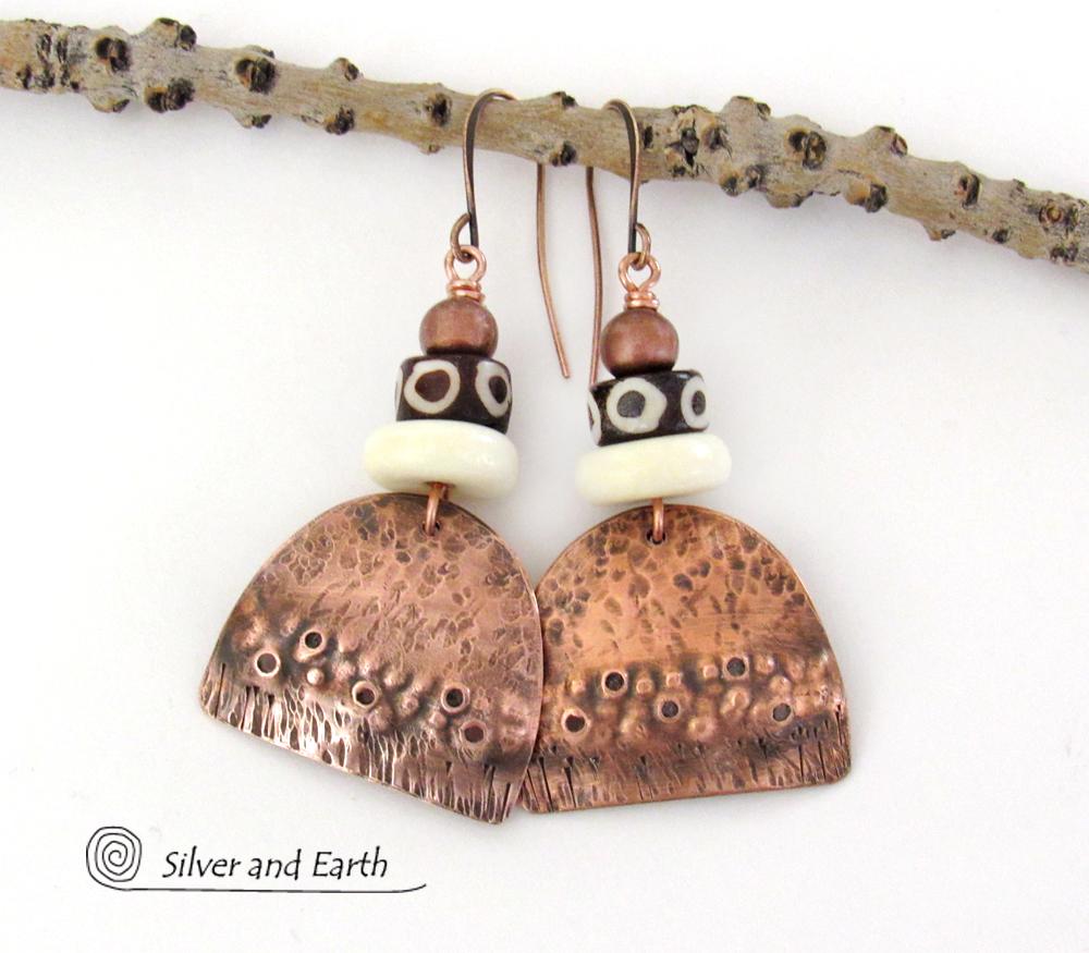 Rustic Hammered Copper Earrings with African Beads - Ethnic Tribal Style Jewelry