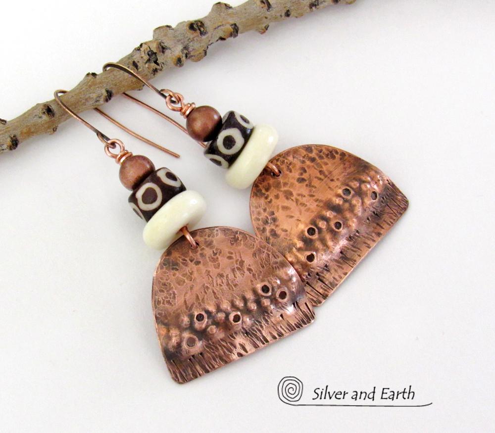 Rustic Hammered Copper Earrings with African Beads - Ethnic Tribal Style Jewelry