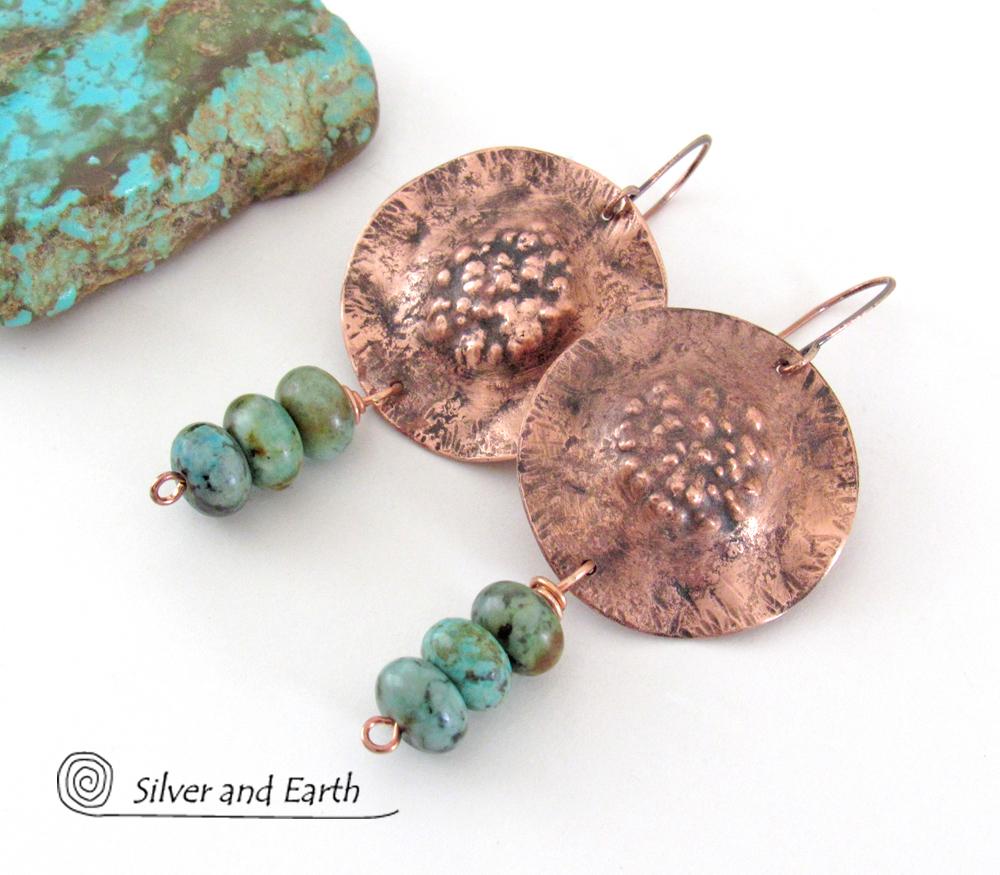 Rustic Copper Earrings with Earthy Organic Texture and Natural African Turquoise Stones