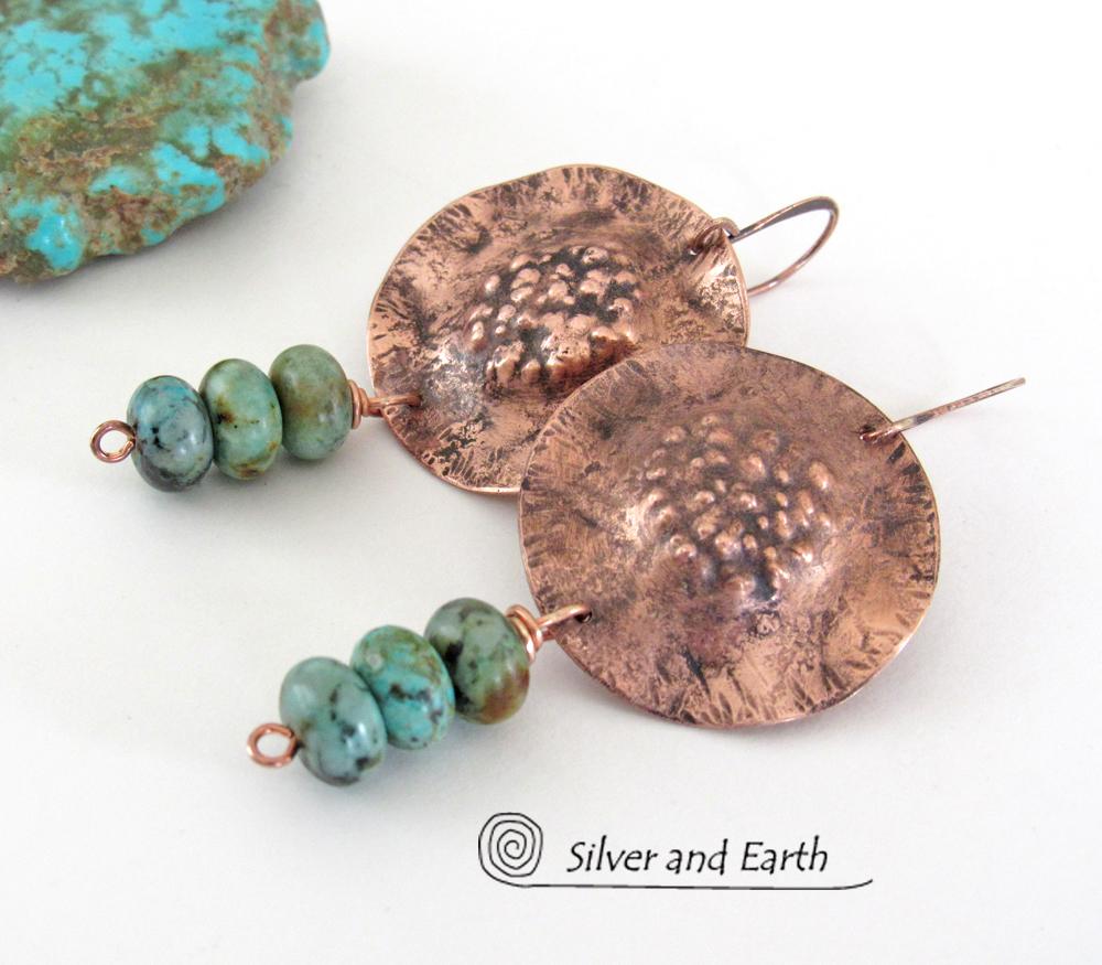 Rustic Copper Earrings with Earthy Organic Texture and Natural African Turquoise Stones