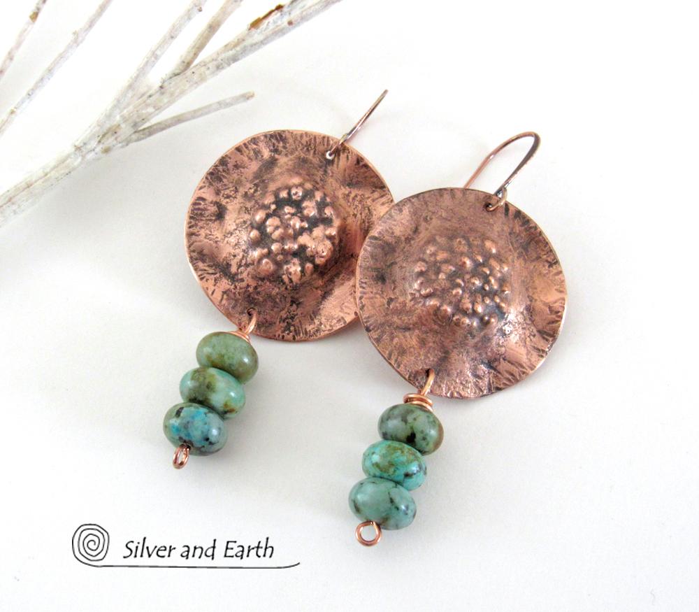 Rustic Copper Earrings with Earthy Organic Texture and Natural African Turquoise Stones