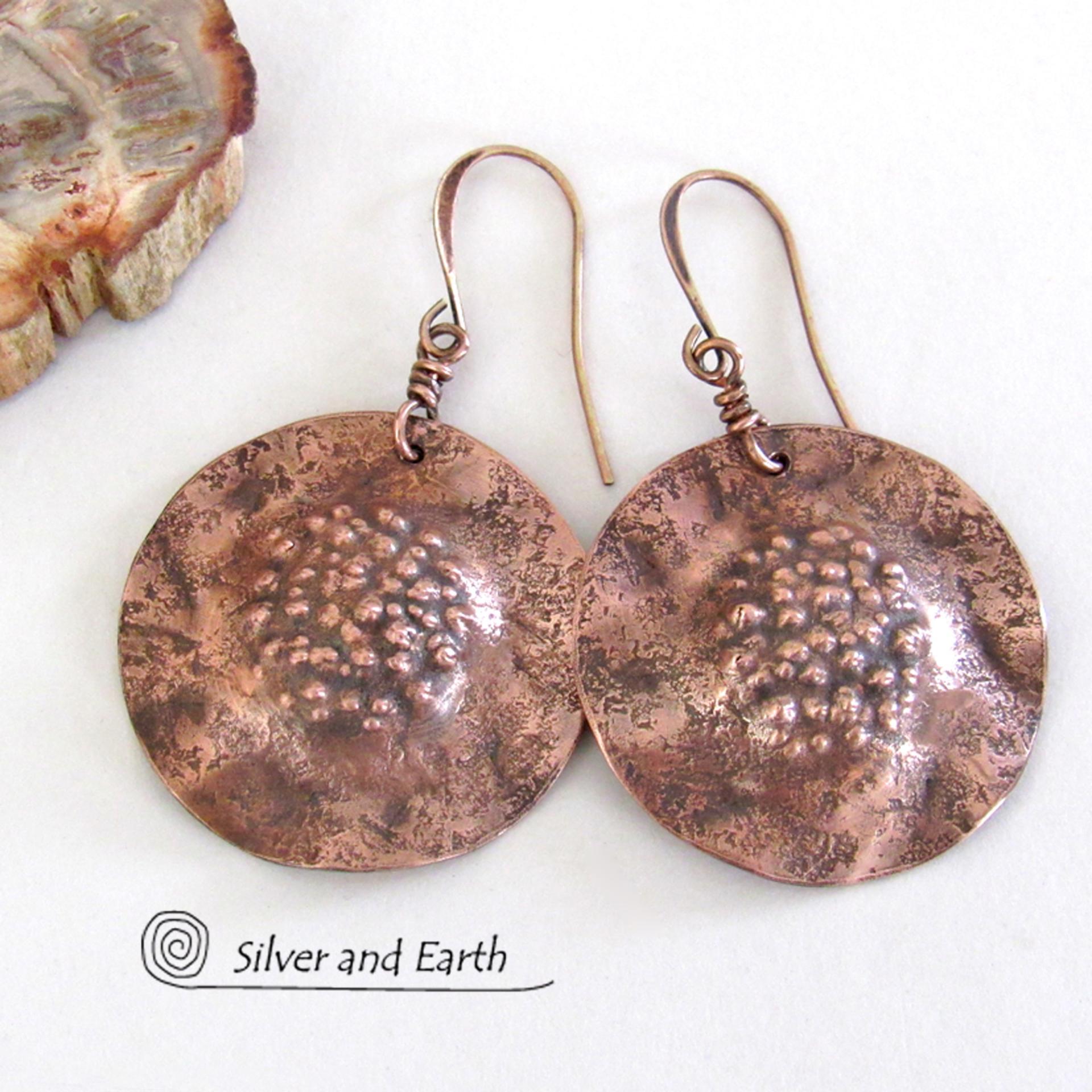 Solid Copper Earrings with Hammered Rustic Earthy Organic Texture, Edgy Modern Contemporary Artisan Hand Forged Metal Jewelry