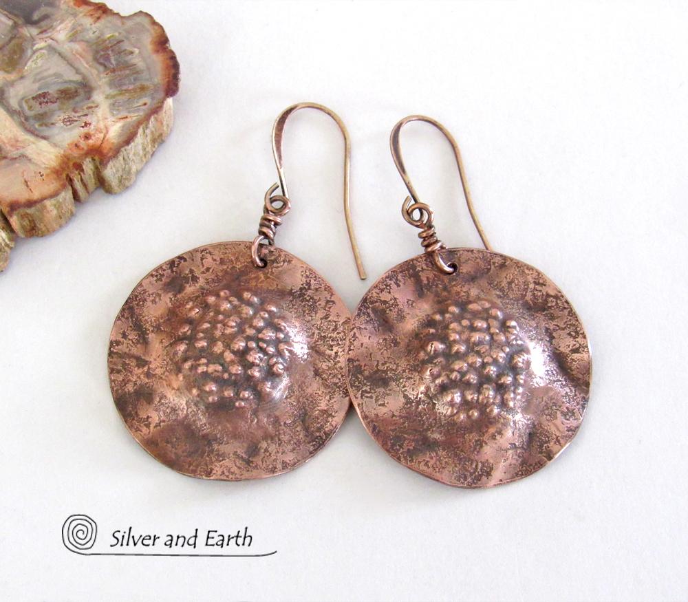 Solid Copper Earrings with Hammered Rustic Earthy Organic Texture, Edgy Modern Contemporary Artisan Hand Forged Metal Jewelry