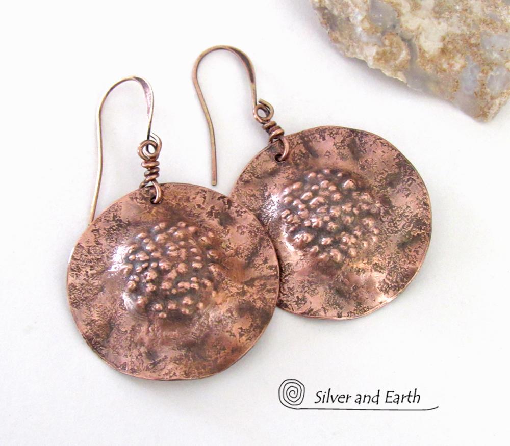 Solid Copper Earrings with Hammered Rustic Earthy Organic Texture, Edgy Modern Contemporary Artisan Hand Forged Metal Jewelry