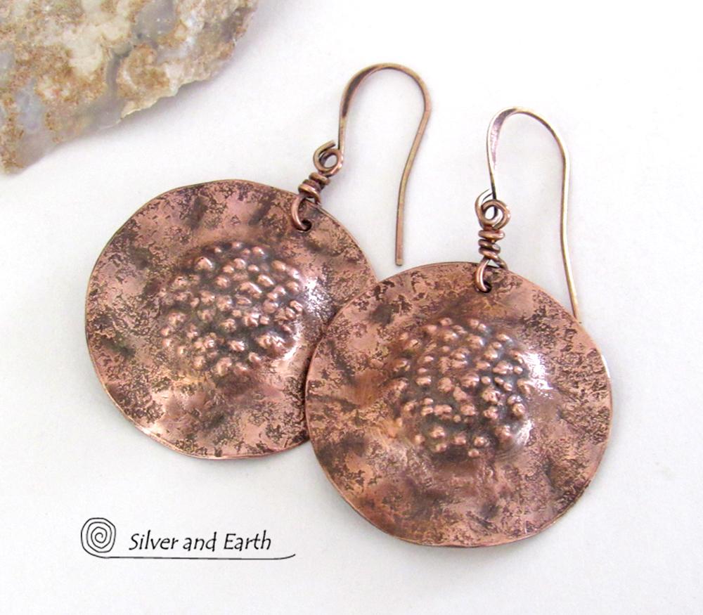 Solid Copper Earrings with Hammered Rustic Earthy Organic Texture, Edgy Modern Contemporary Artisan Hand Forged Metal Jewelry