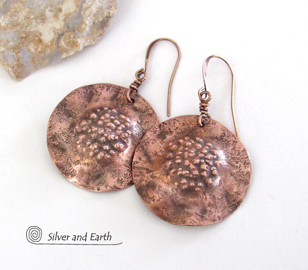 Solid Copper Earrings with Hammered Rustic Earthy Organic Texture, Edgy Modern Contemporary Artisan Hand Forged Metal Jewelry