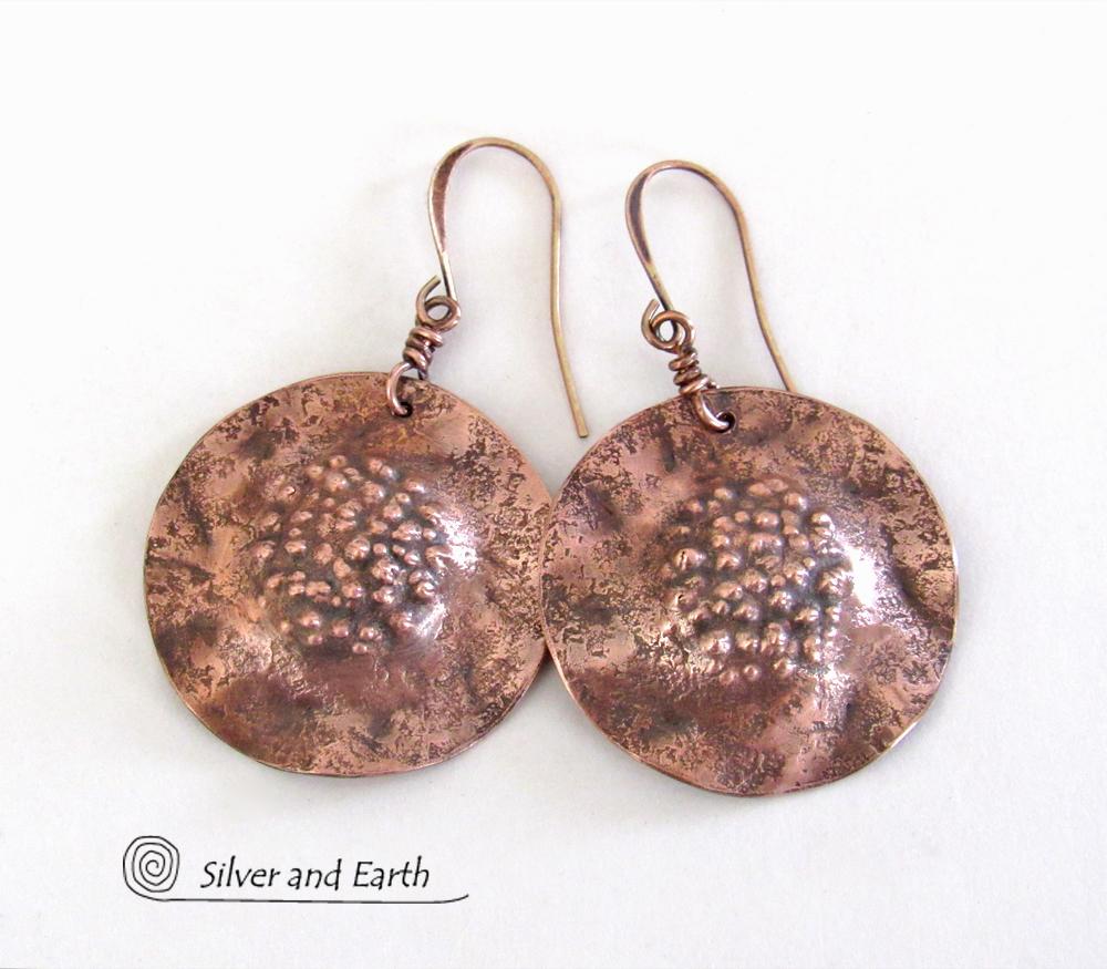 Solid Copper Earrings with Hammered Rustic Earthy Organic Texture, Edgy Modern Contemporary Artisan Hand Forged Metal Jewelry