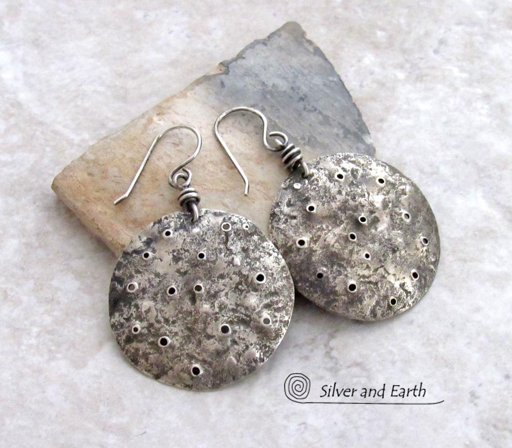 Hammered Sterling Silver Earrings with Rustic, Organic Texture - Earthy Silver Jewelry