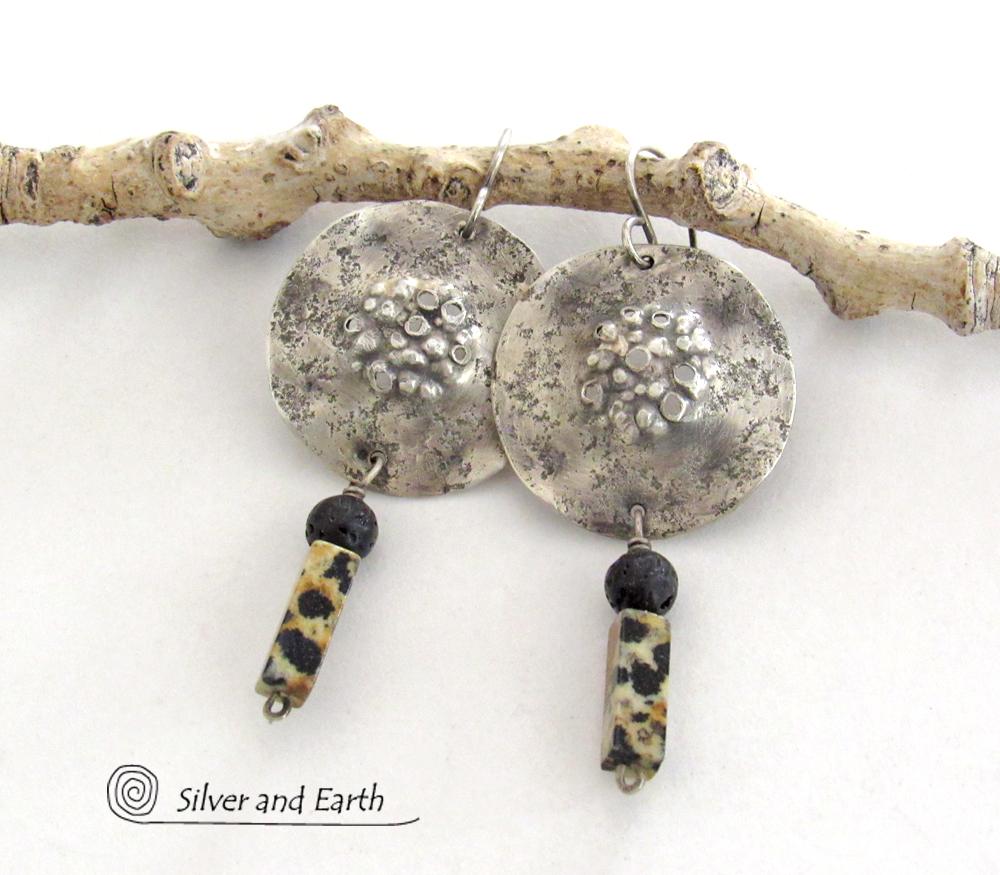 Rustic Hammered Sterling Silver Earrings with Dalmatian Jasper and Black Lava Stones