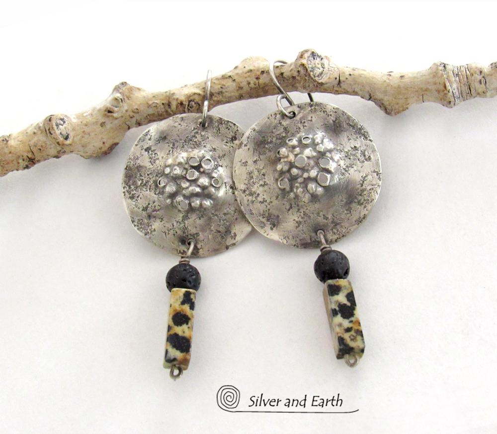 Rustic Hammered Sterling Silver Earrings with Dalmatian Jasper and Black Lava Stones