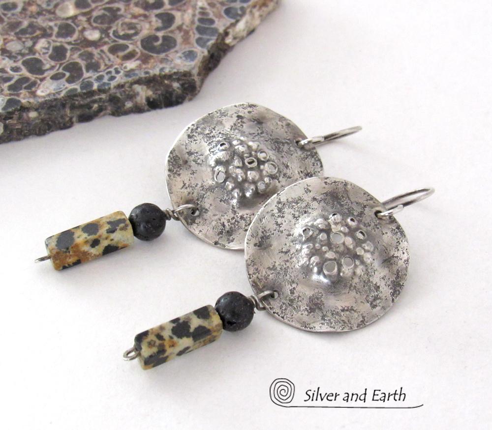 Rustic Hammered Sterling Silver Earrings with Dalmatian Jasper and Black Lava Stones