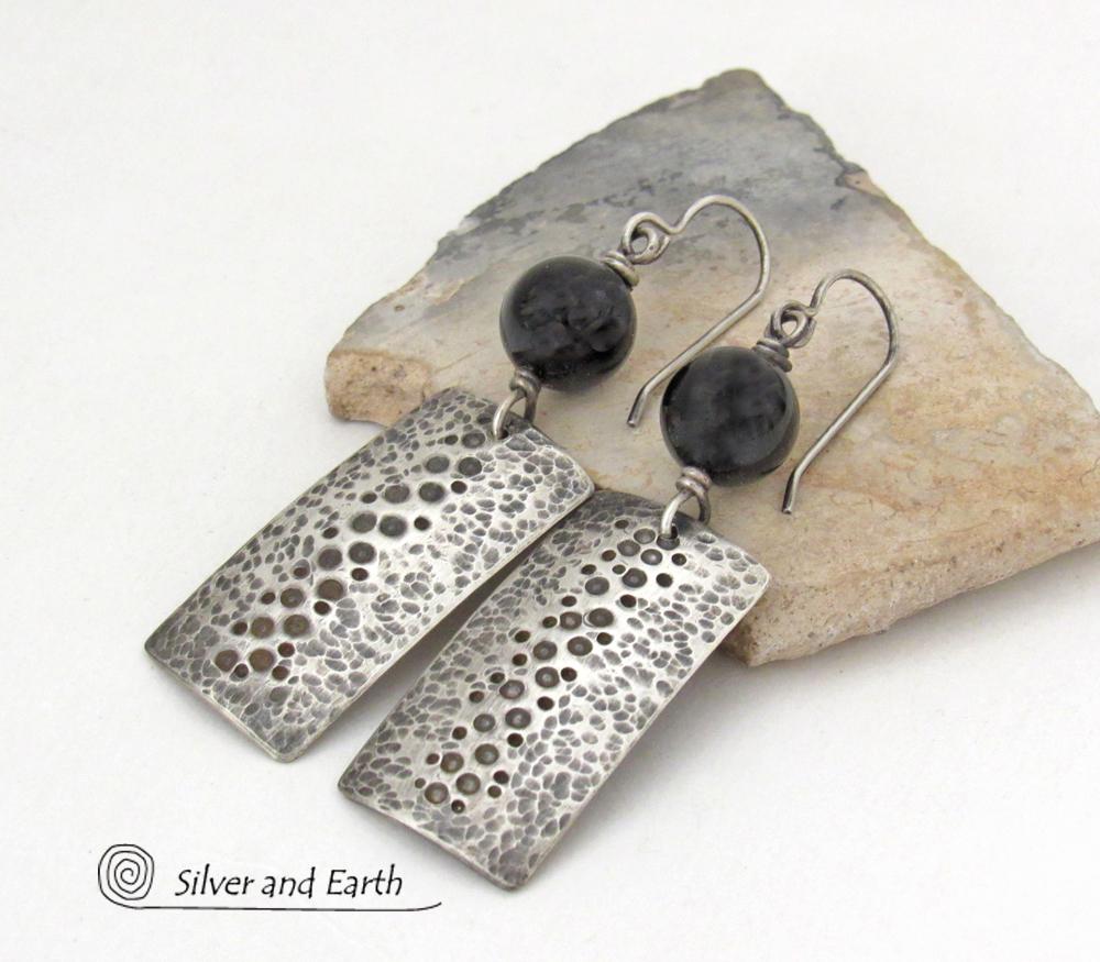 Black Onyx and Sterling Silver Earrings with Hammered & Stamped Texture - Artisan Handcrafted Earthy Rustic Organic Modern Jewelry