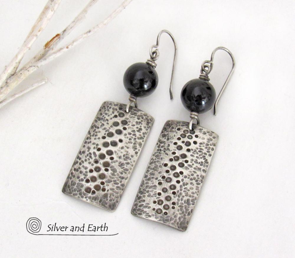 Black Onyx and Sterling Silver Earrings with Hammered & Stamped Texture - Artisan Handcrafted Earthy Rustic Organic Modern Jewelry