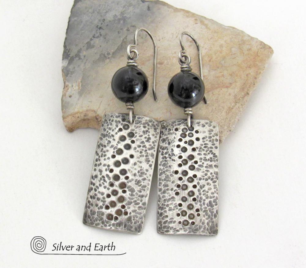 Black Onyx and Sterling Silver Earrings with Hammered & Stamped Texture - Artisan Handcrafted Earthy Rustic Organic Modern Jewelry