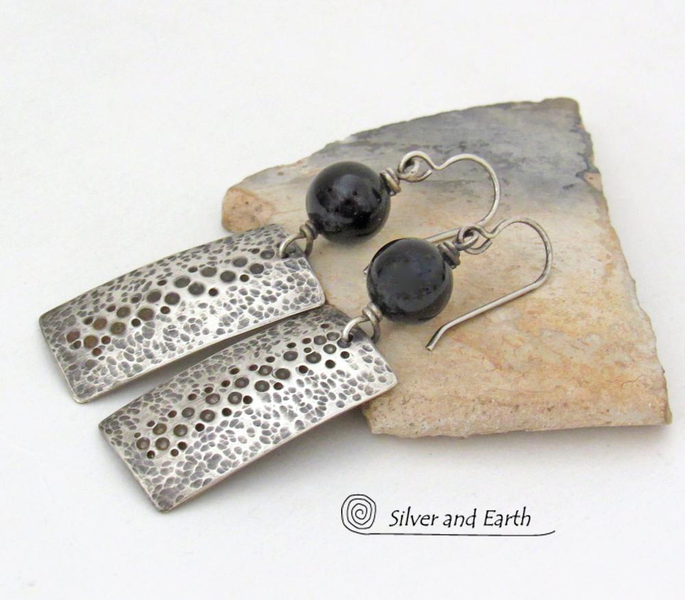 Black Onyx and Sterling Silver Earrings with Hammered & Stamped Texture - Artisan Handcrafted Earthy Rustic Organic Modern Jewelry