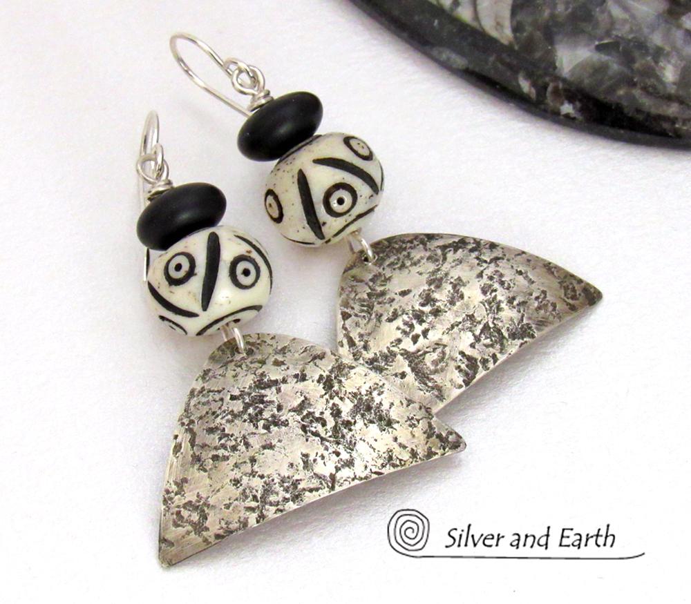 Sterling Silver Earrings with African Bone & Matte Black Beads - Bold Ethnic Tribal Style Jewelry