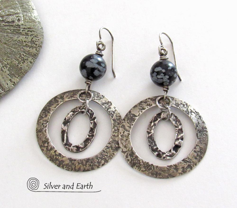 Sterling Silver Double Hoop Earrings with Black Snowflake Obsidian Stones - Artisan Handmade Bold Modern Contemporary Jewelry