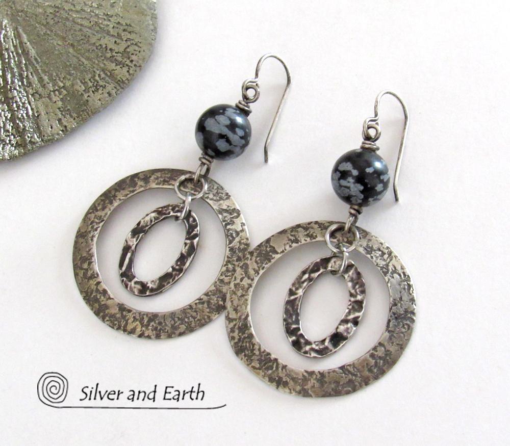 Sterling Silver Double Hoop Earrings with Black Snowflake Obsidian Stones - Artisan Handmade Bold Modern Contemporary Jewelry