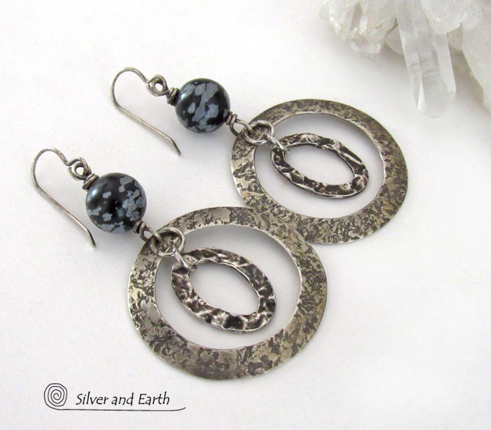 Sterling Silver Double Hoop Earrings with Black Snowflake Obsidian Stones - Artisan Handmade Bold Modern Contemporary Jewelry