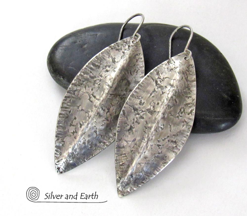 Sterling Silver Earrings with Hammered Rustic Organic Texture - Modern Contemporary Jewelry