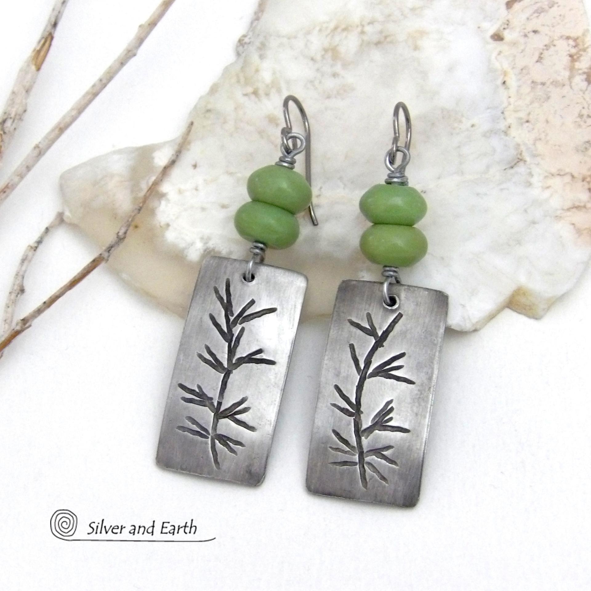 These handcrafted silver pewter earrings have a hand stamped twig design accented with natural green serpentine gemstones. Lightweight and comfortable to wear - they have a modern, earthy style and will make a great gift for a nature lover. Handmade in the USA by Silver and Earth Jewelry.