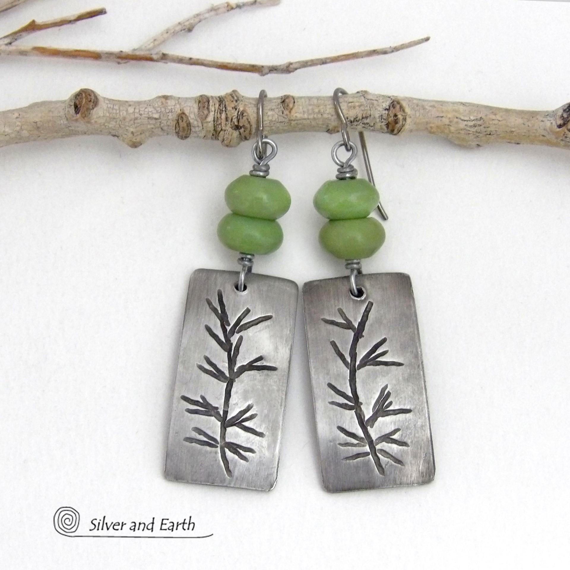 These handcrafted silver pewter earrings have a hand stamped twig design accented with natural green serpentine gemstones. Lightweight and comfortable to wear - they have a modern, earthy style and will make a great gift for a nature lover. Handmade in the USA by Silver and Earth Jewelry.