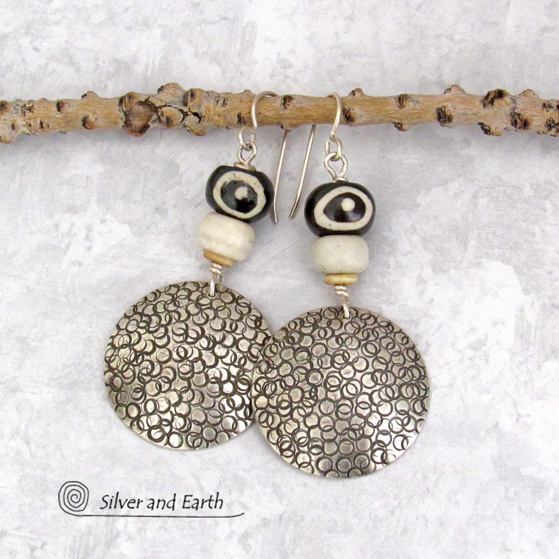 Big Round Sterling Silver Earrings with African Batik Bone & Glass Beads - Bold Ethnic Tribal Style Jewelry