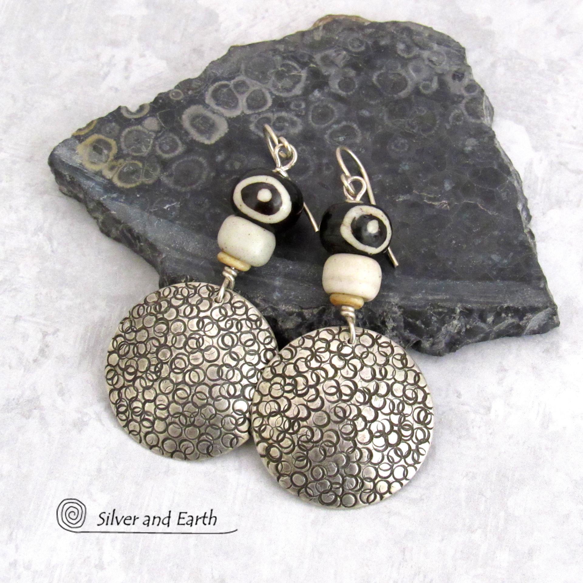 Big Round Sterling Silver Earrings with African Batik Bone & Glass Beads - Bold Ethnic Tribal Style Jewelry