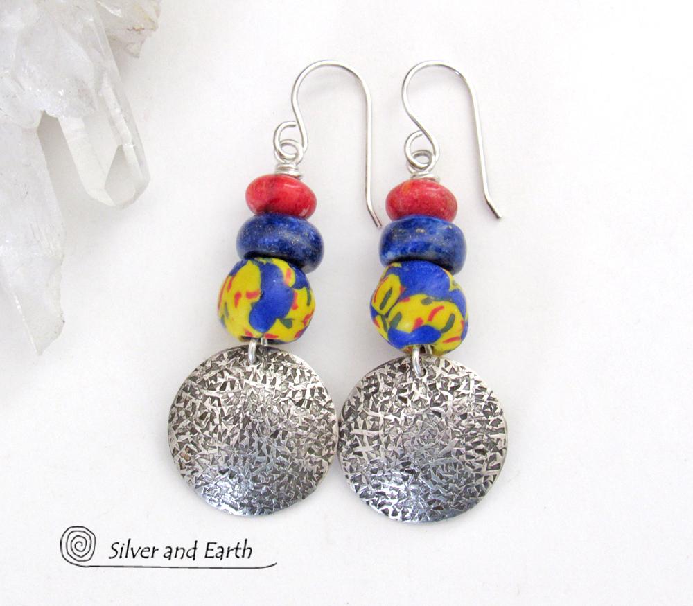 Sterling Silver Earrings with Blue Lapis, Red Coral & Bright Colorful African Glass Beads