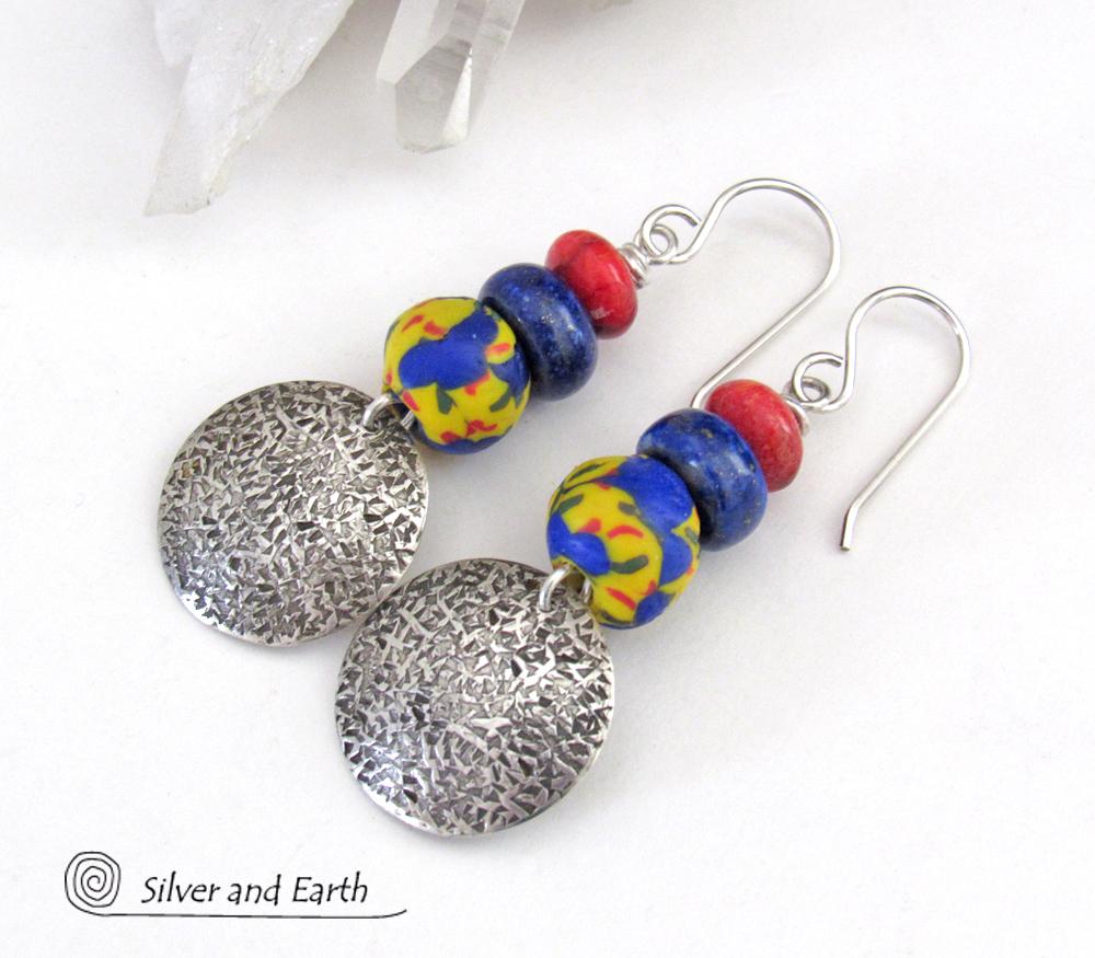 Sterling Silver Earrings with Blue Lapis, Red Coral & Bright Colorful African Glass Beads