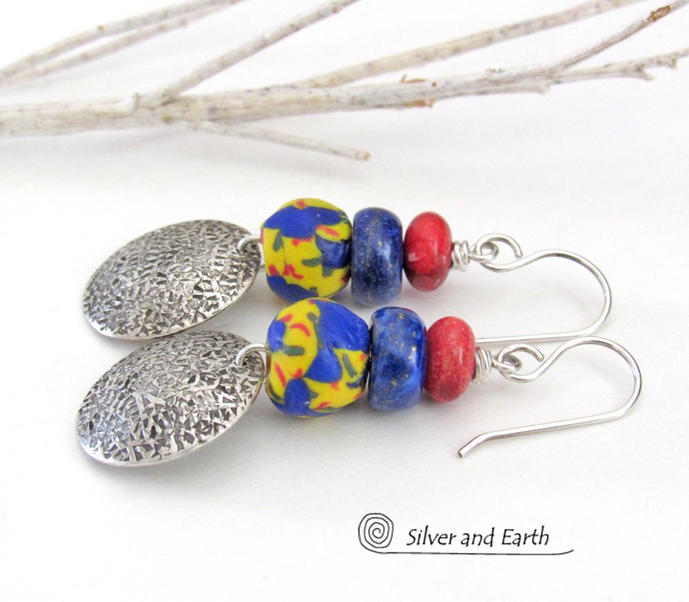 Sterling Silver Earrings with Blue Lapis, Red Coral & Bright Colorful African Glass Beads