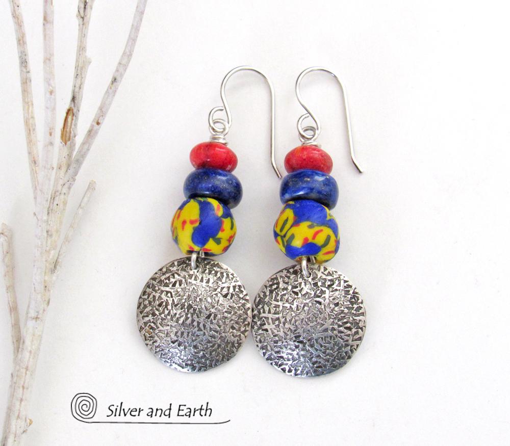 Sterling Silver Earrings with Blue Lapis, Red Coral & Bright Colorful African Glass Beads