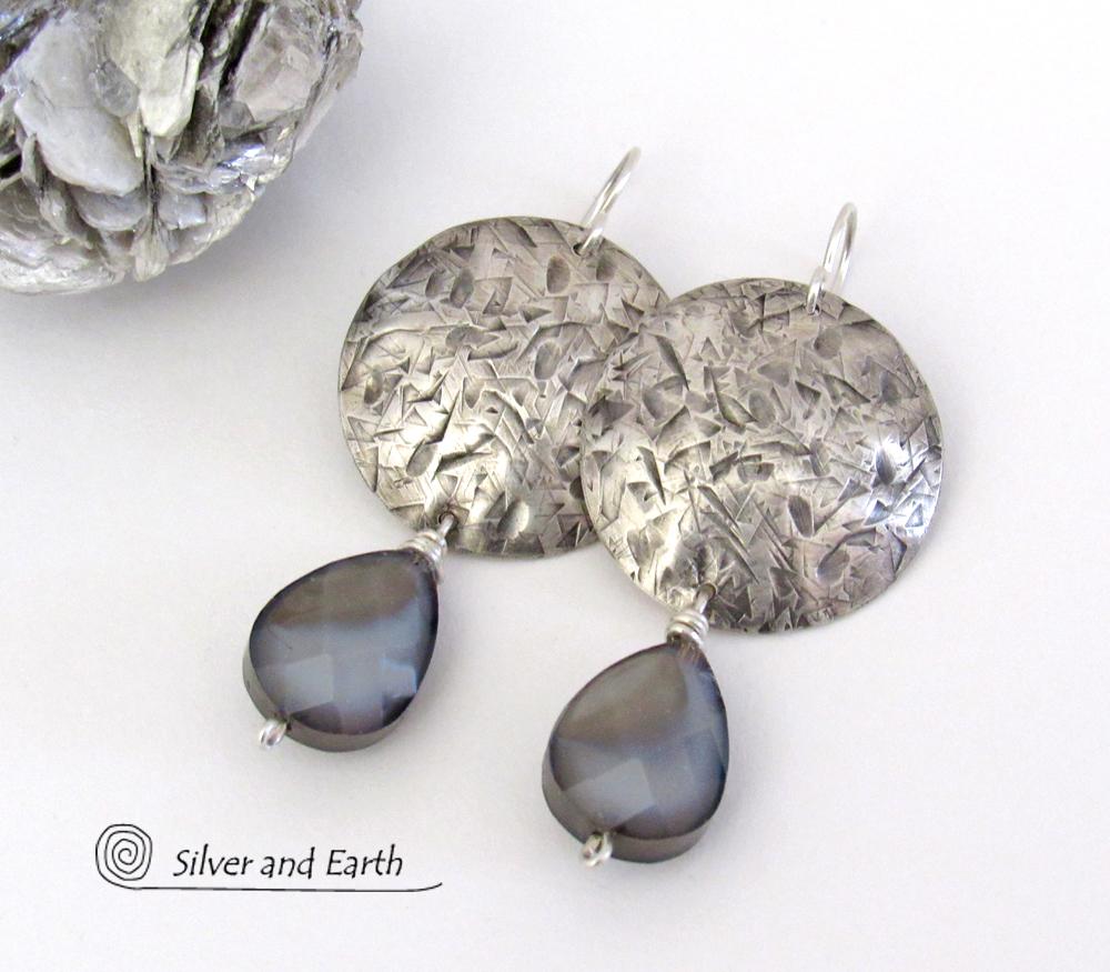 Sterling Silver Earrings with Faceted Gray Glass Crystal Dangles - Artisan Handmade Dressy Modern Jewelry